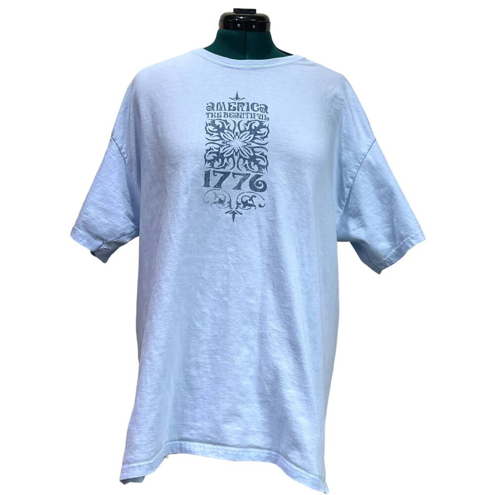 America the Beautiful 1776 Tee Shirt Top Light Blue 100% Cotton Adult XL